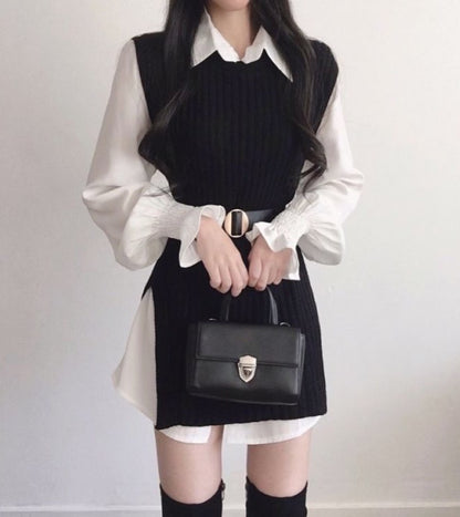 T-shirt dress + knitted vest set