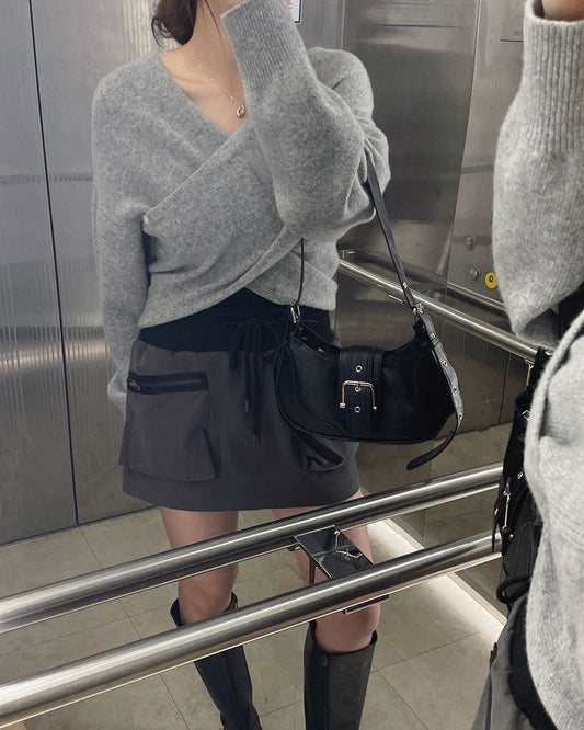 法式交叉v領長袖毛衣