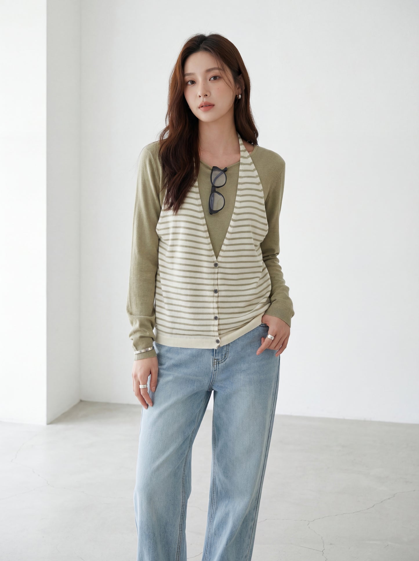 Striped Knit Sweater with Spliced Mock Two-Piece Halter Neck