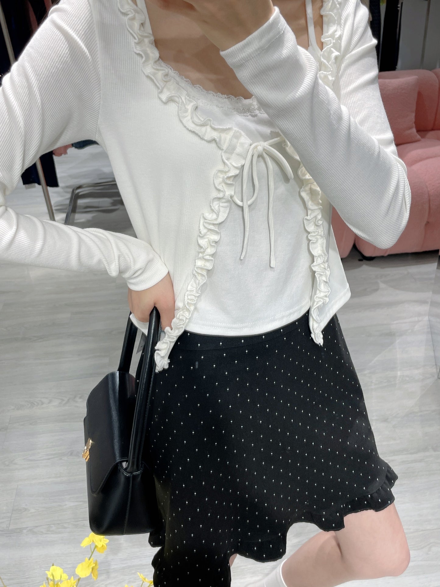 Sweet Ruffle Tie Faux Two-Piece Blouse