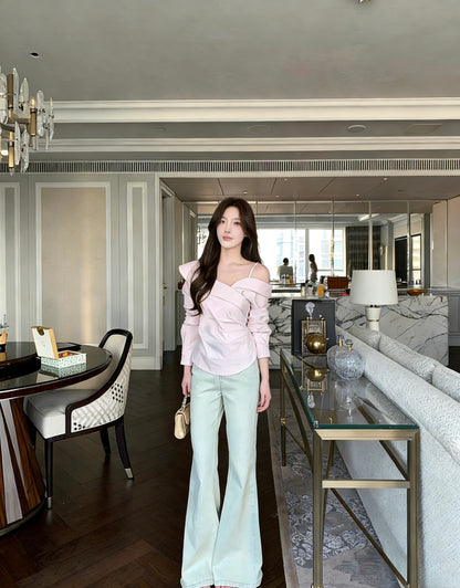 不對稱交叉領露肩小衫