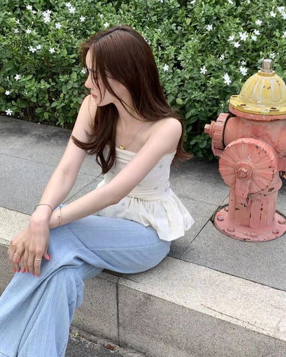 Light Yellow and Blue Floral Top