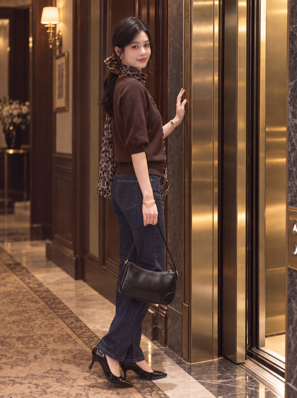 V-Neck Knit Top with Leopard Print Scarf