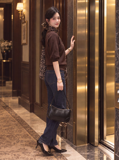 V-Neck Knit Top with Leopard Print Scarf