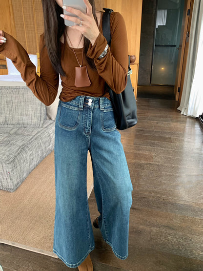 Double Button High-Waisted Wide-Leg Jeans