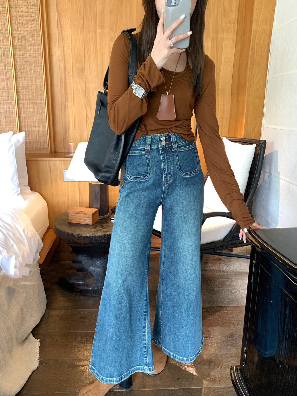 Double Button High-Waisted Wide-Leg Jeans