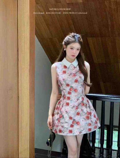 Sweet Vintage Floral Peter Pan Collar Sleeveless Dress