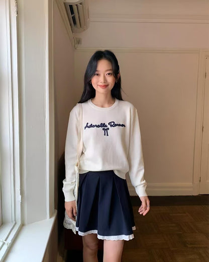 圓領字母刺繡針織衫