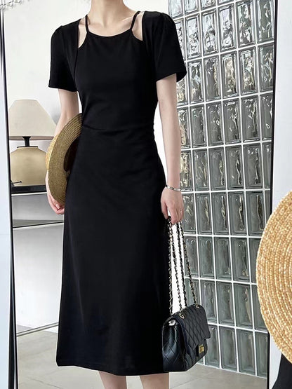 Black Short-Sleeve Fitted Maxi Dress