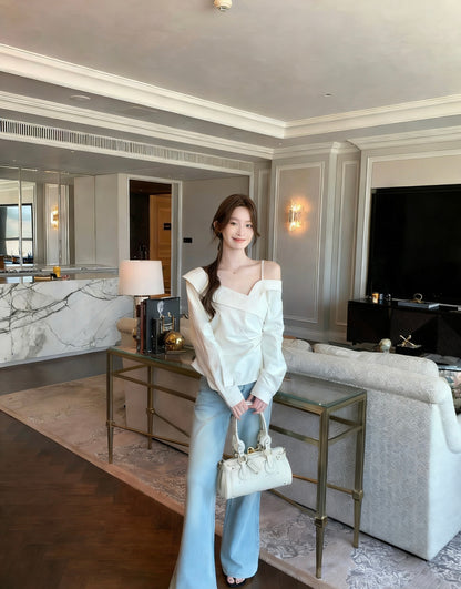 不對稱交叉領露肩小衫