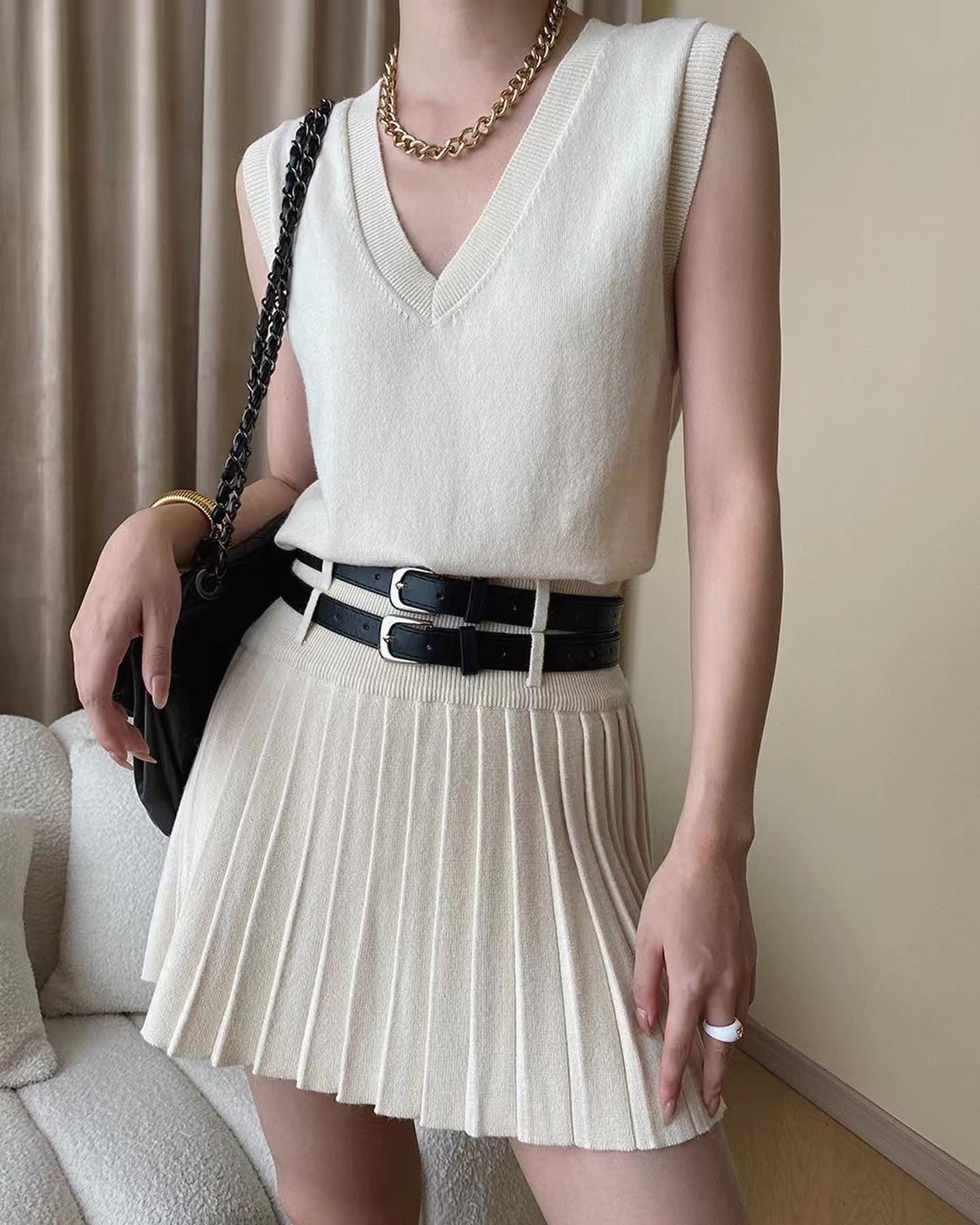 Vest and Pleated Skirt Set