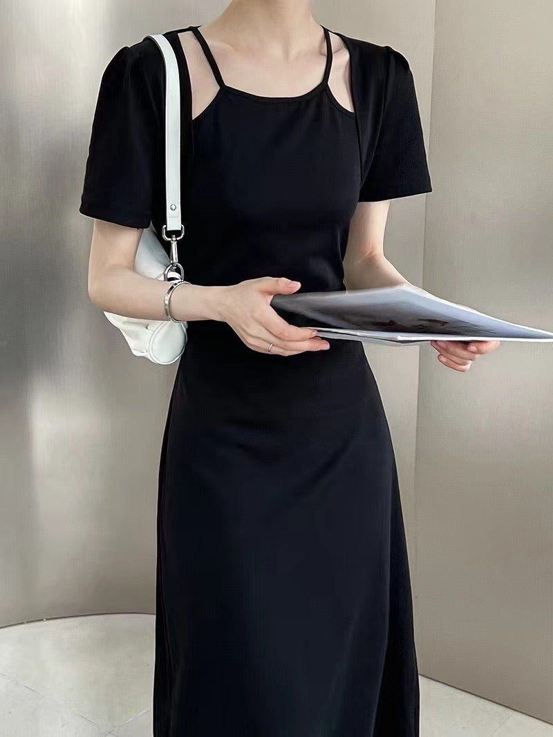 Black Short-Sleeve Fitted Maxi Dress