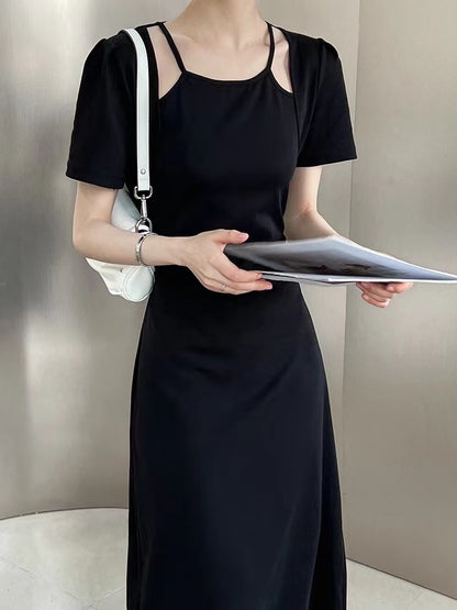 Black Short-Sleeve Fitted Maxi Dress