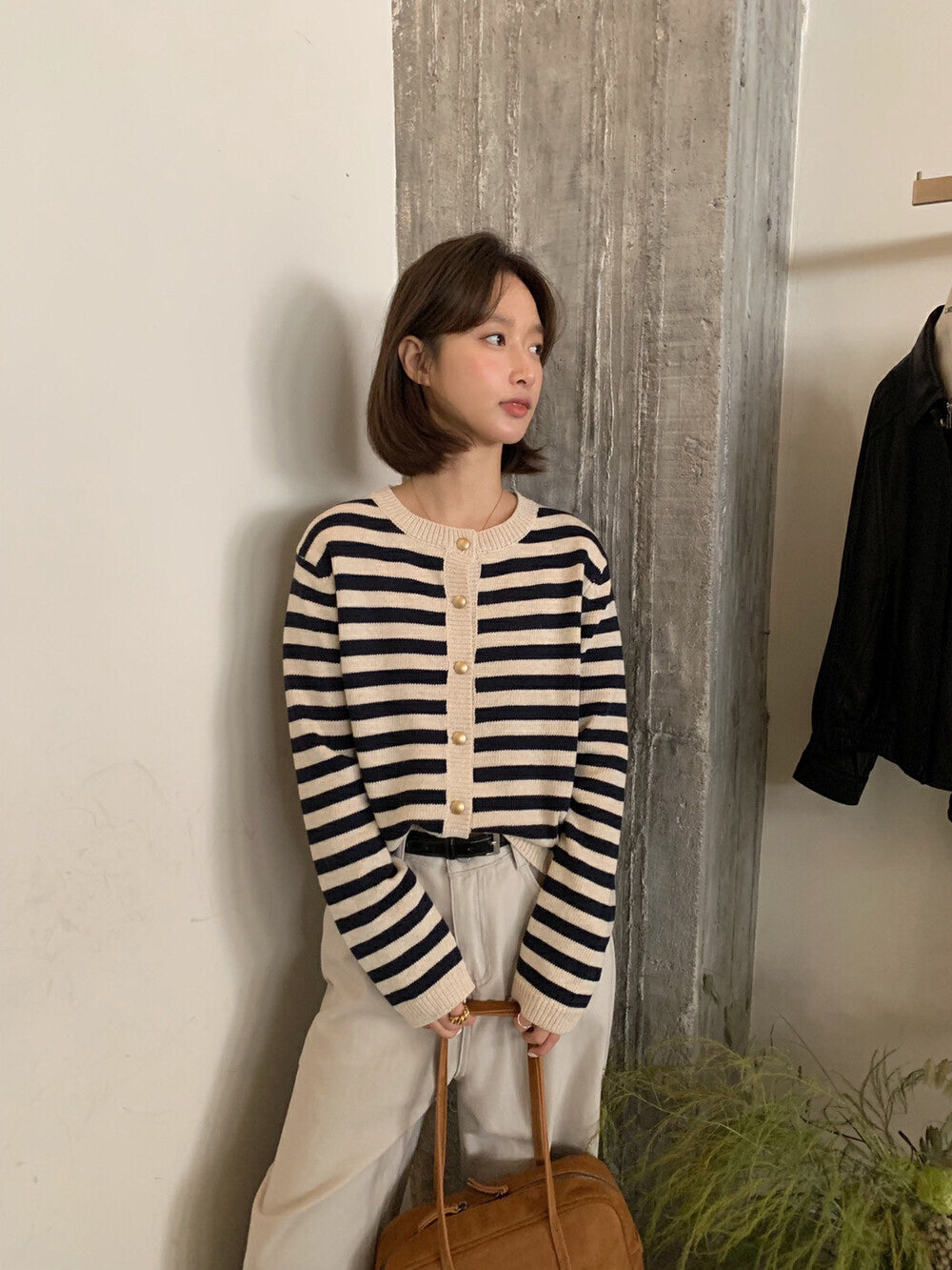 圓領條紋簡約針織開衫