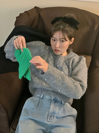 パール編みケーブル柄セーター