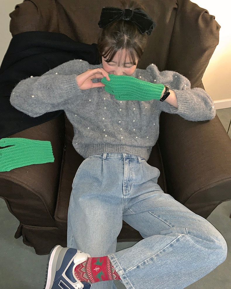 パール編みケーブル柄セーター