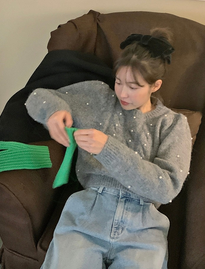 パール編みケーブル柄セーター