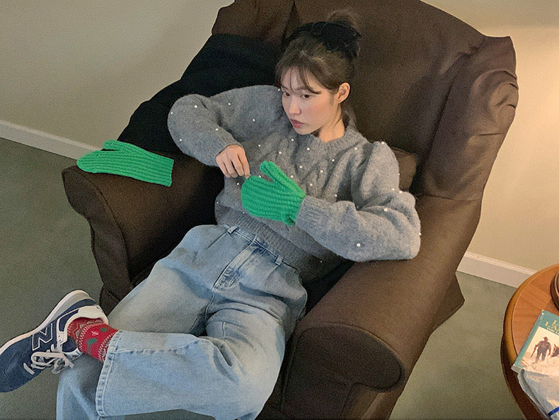 パール編みケーブル柄セーター