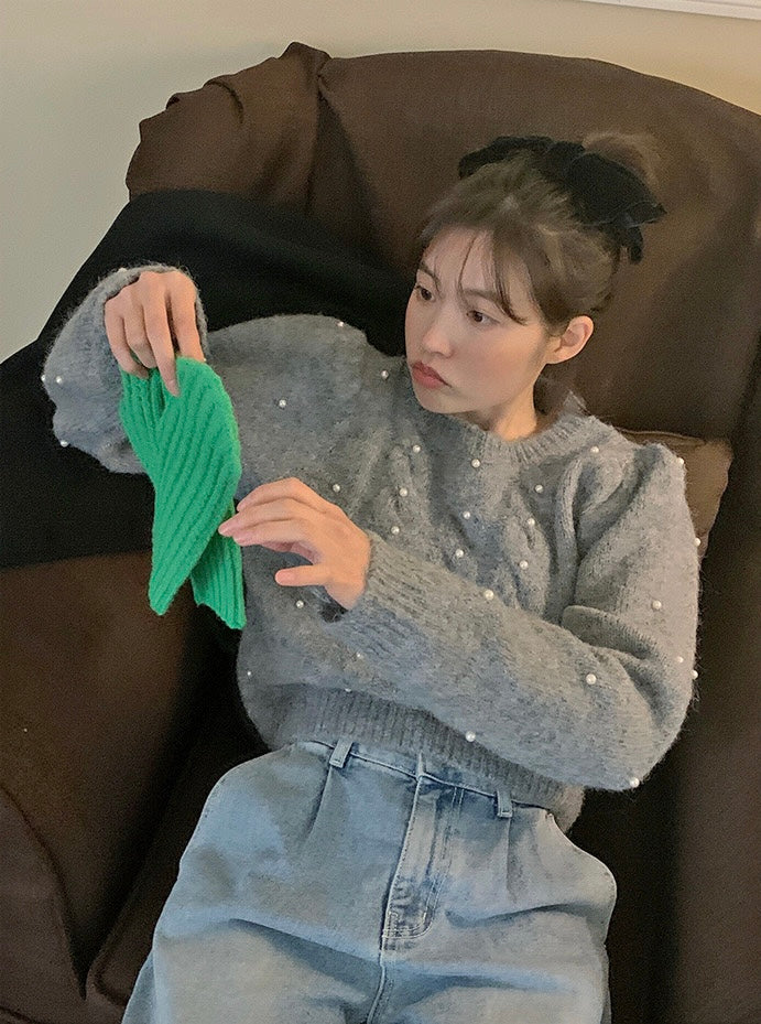 パール編みケーブル柄セーター