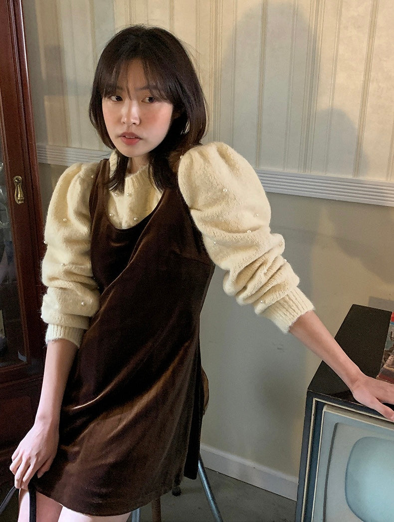 パール編みケーブル柄セーター