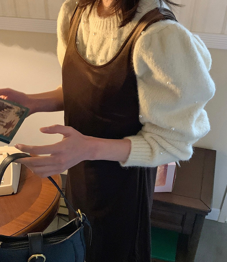 パール編みケーブル柄セーター