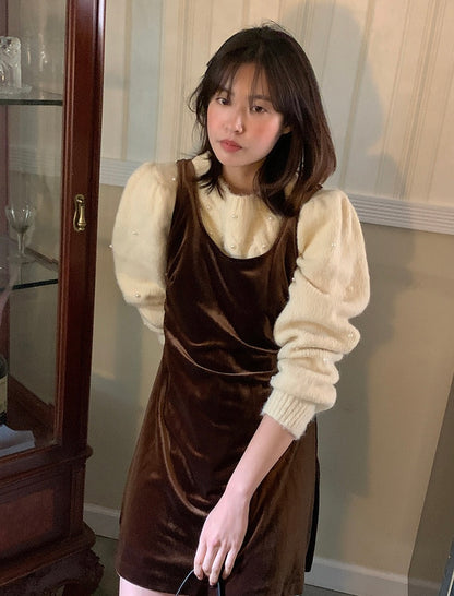 パール編みケーブル柄セーター