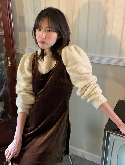 パール編みケーブル柄セーター