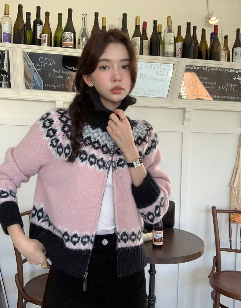 撞色印花針織外套