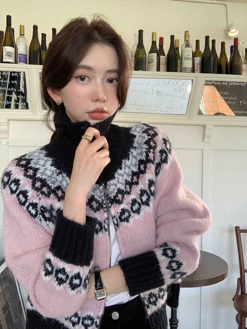 撞色印花針織外套