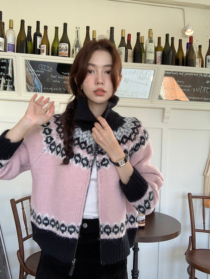 撞色印花針織外套