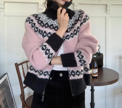 撞色印花針織外套