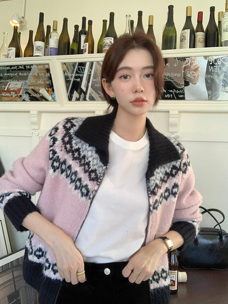 撞色印花針織外套