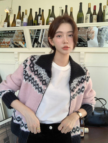 撞色印花針織外套