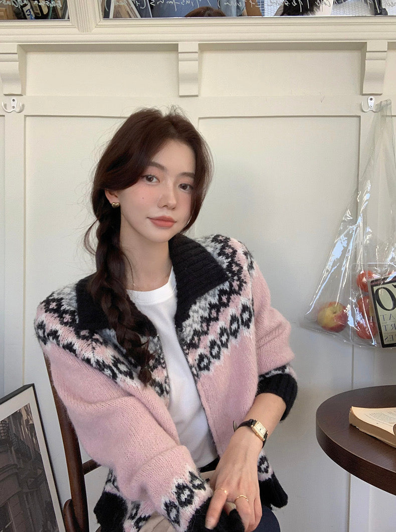 撞色印花針織外套