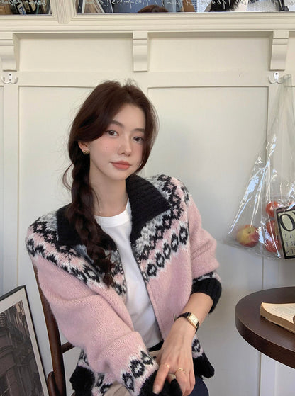 撞色印花針織外套