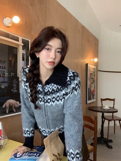 撞色印花針織外套