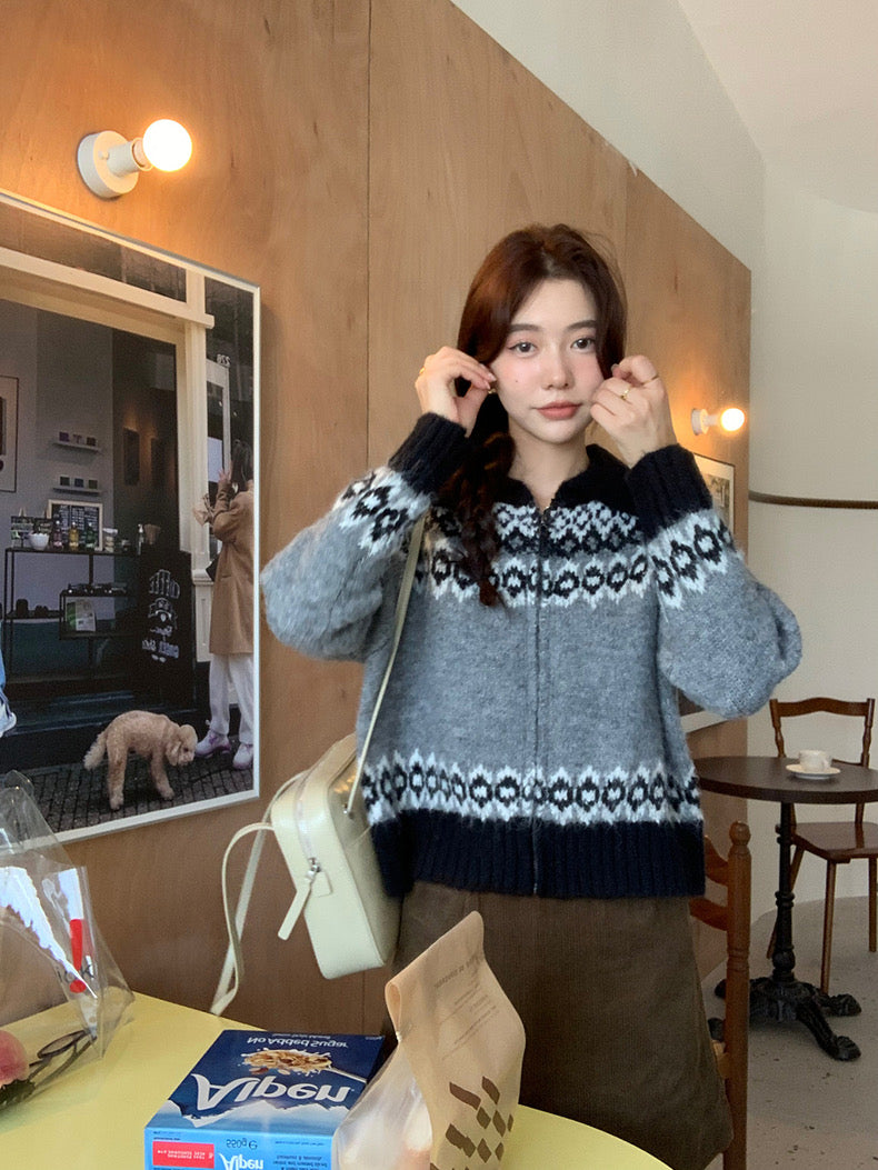 撞色印花針織外套