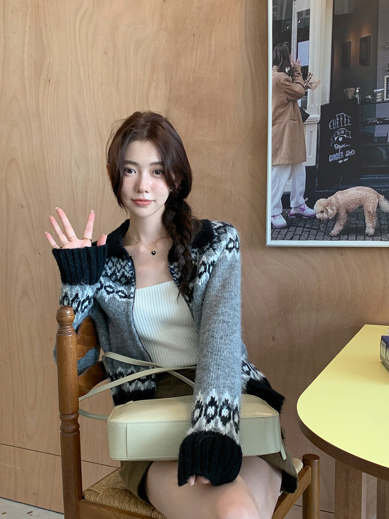 撞色印花針織外套