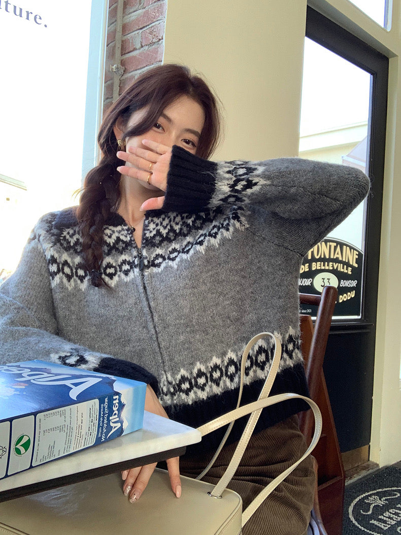 撞色印花針織外套