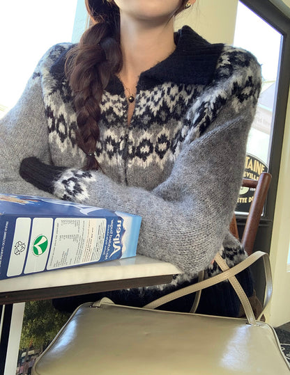 撞色印花針織外套