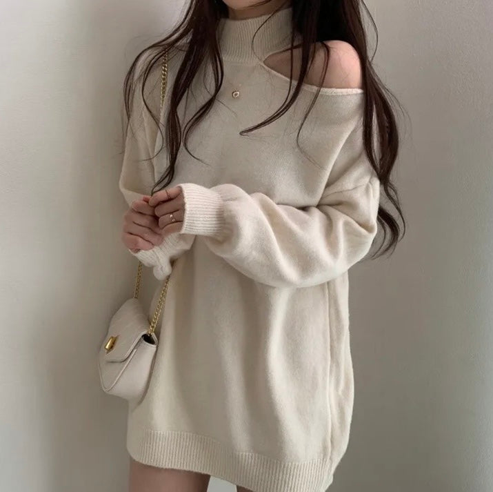 ハイネックオープンショルダーニットチュニック