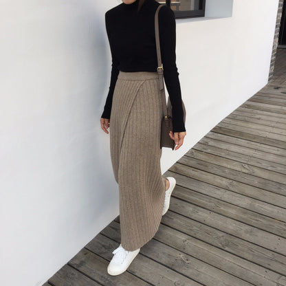 Asymmetrical Hem Split Knit Maxi Skirt