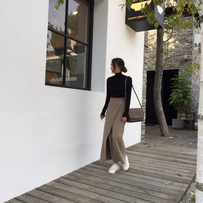 Asymmetrical Hem Split Knit Maxi Skirt