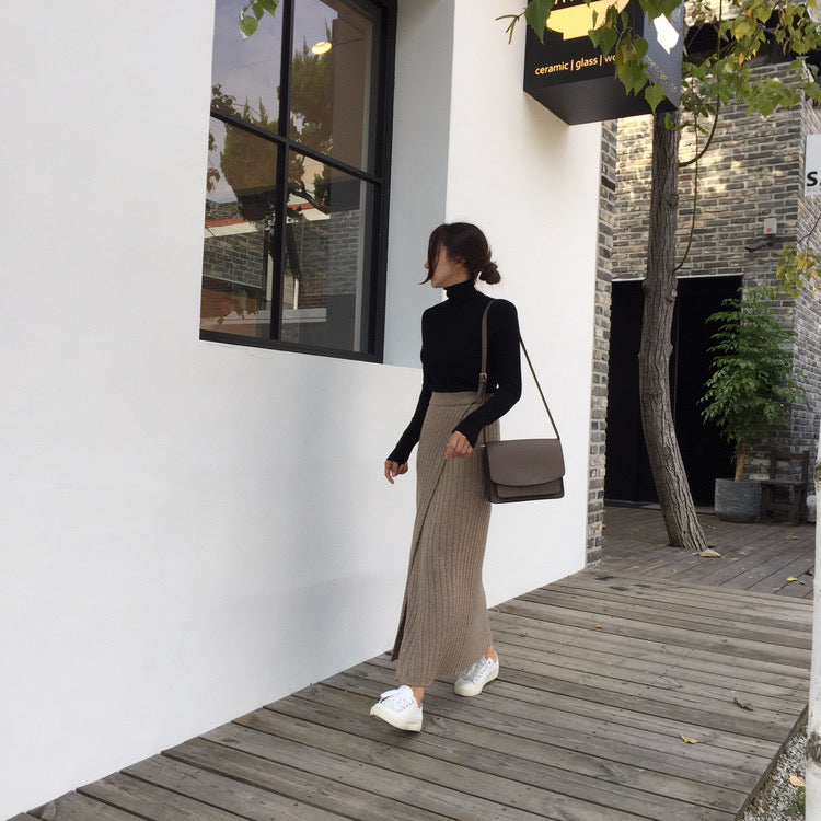 Asymmetrical Hem Split Knit Maxi Skirt