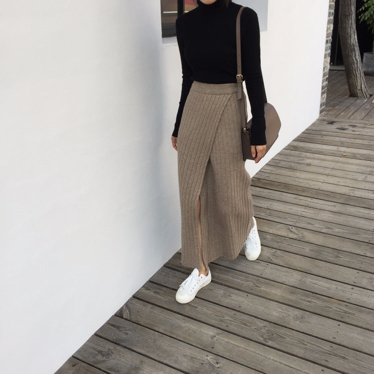 Asymmetrical Hem Split Knit Maxi Skirt