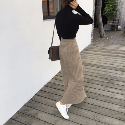 Asymmetrical Hem Split Knit Maxi Skirt