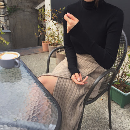 Asymmetrical Hem Split Knit Maxi Skirt