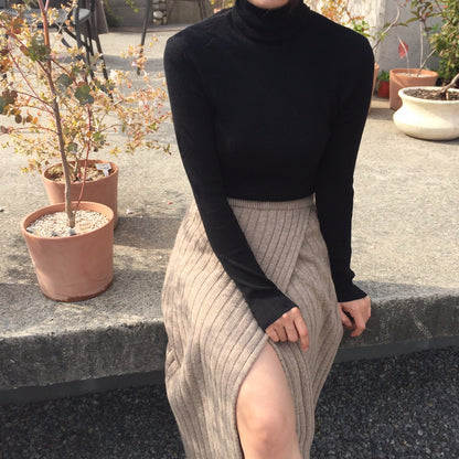 Asymmetrical Hem Split Knit Maxi Skirt