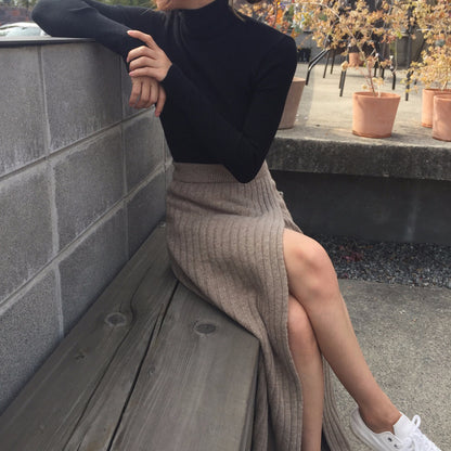 Asymmetrical Hem Split Knit Maxi Skirt