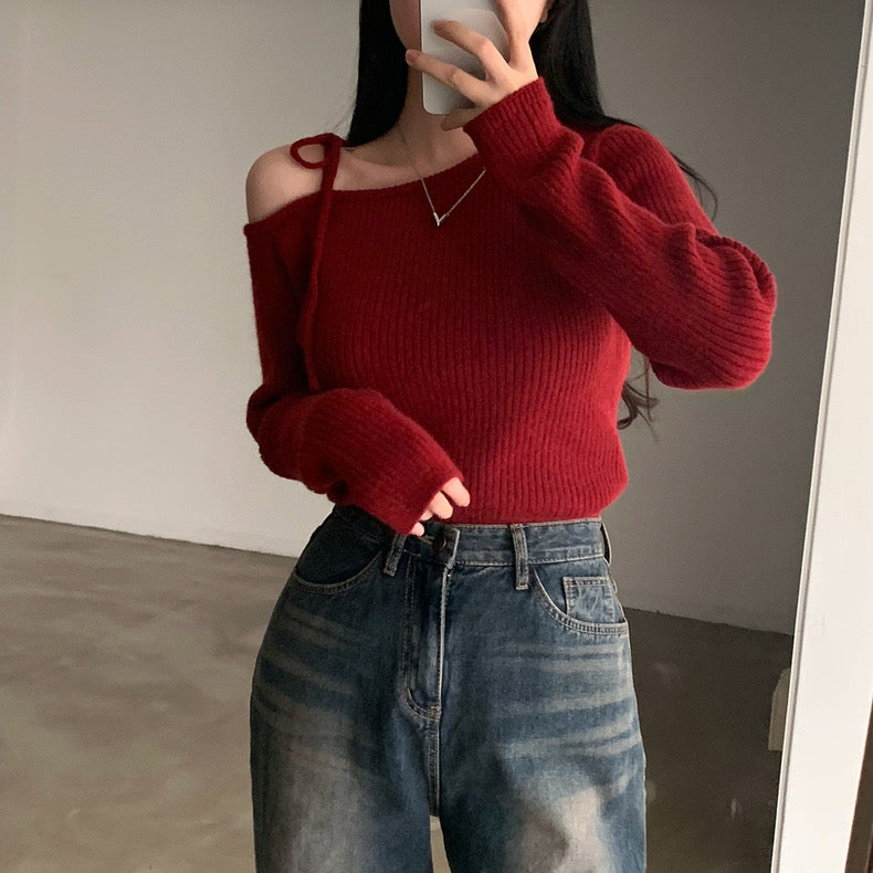 ワンショルダーリボンセーター